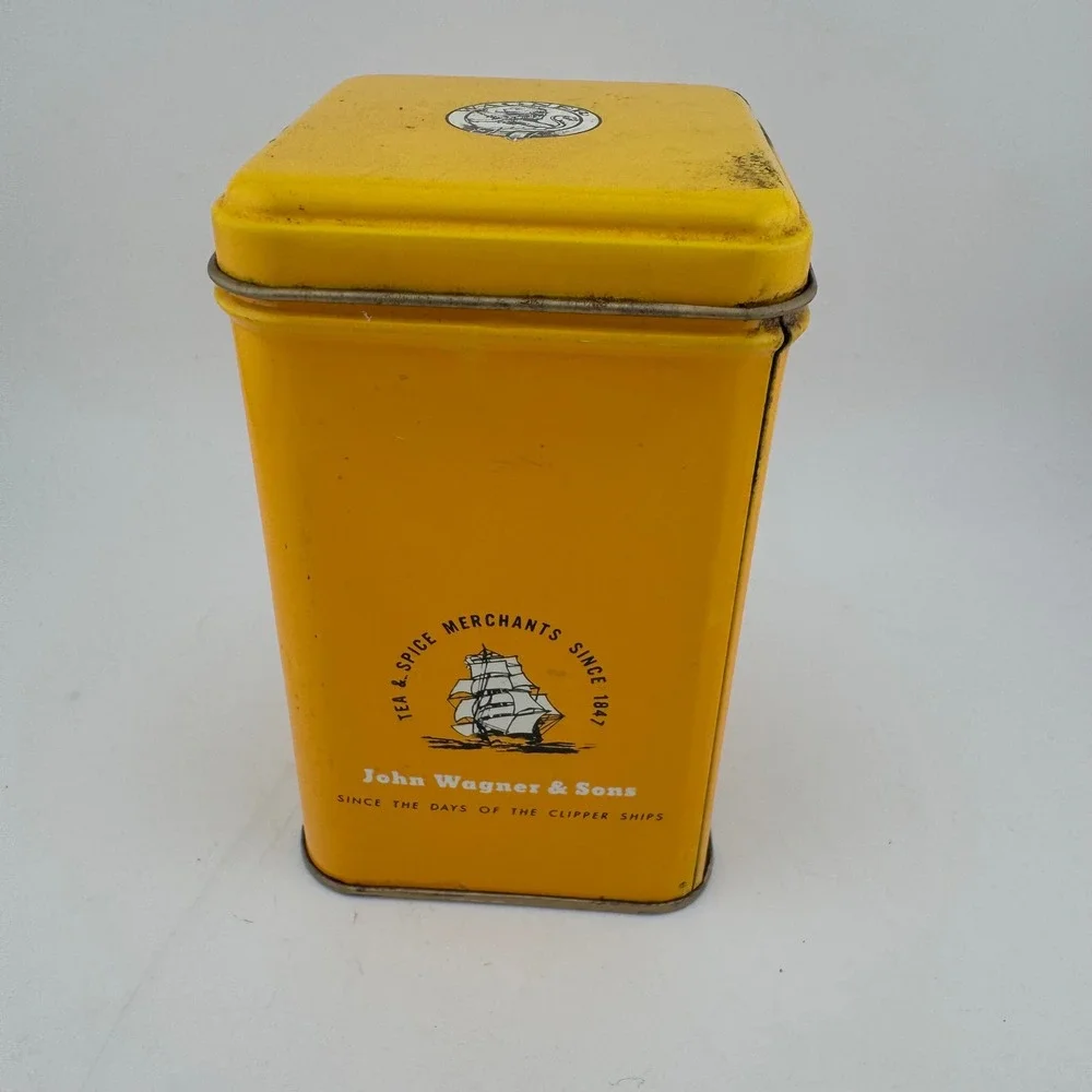 John Wagner & Sons Tea Tin 4oz Yellow Vintage Orange Pekoe Clipper Ship
